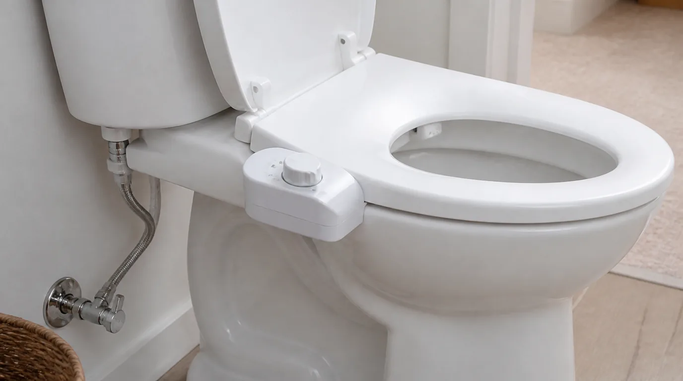 A bidet seat attachment on a white toilet, with a braided water line running to the shutoff valve at the wall