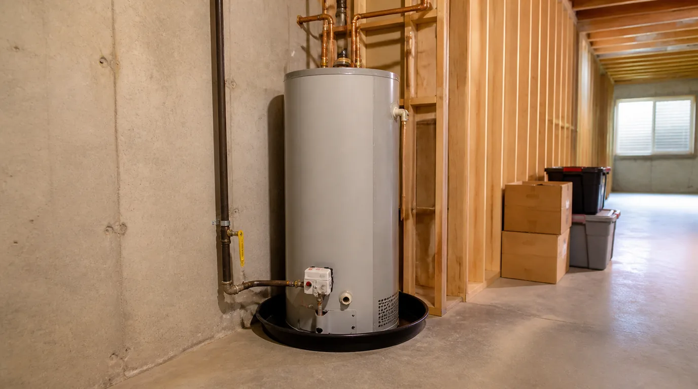 A gas tank water heater standing in a drain pan against a concrete wall, with copper lines overhead and a gas shutoff beside it