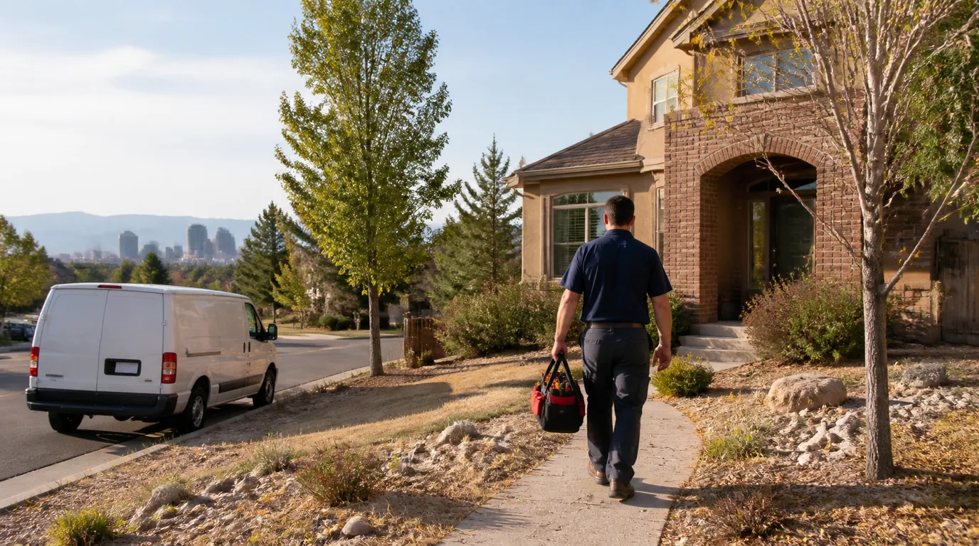 A plumber in a dark uniform, seen from behind, carrying a red tool bag up a front walk toward a brick and stucco home, with a plain white van parked at the curb