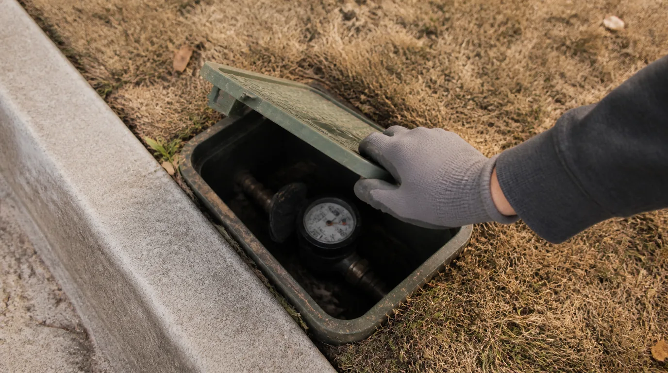 A gloved hand lifting the lid of a residential water meter box in a dry lawn, showing the meter dial